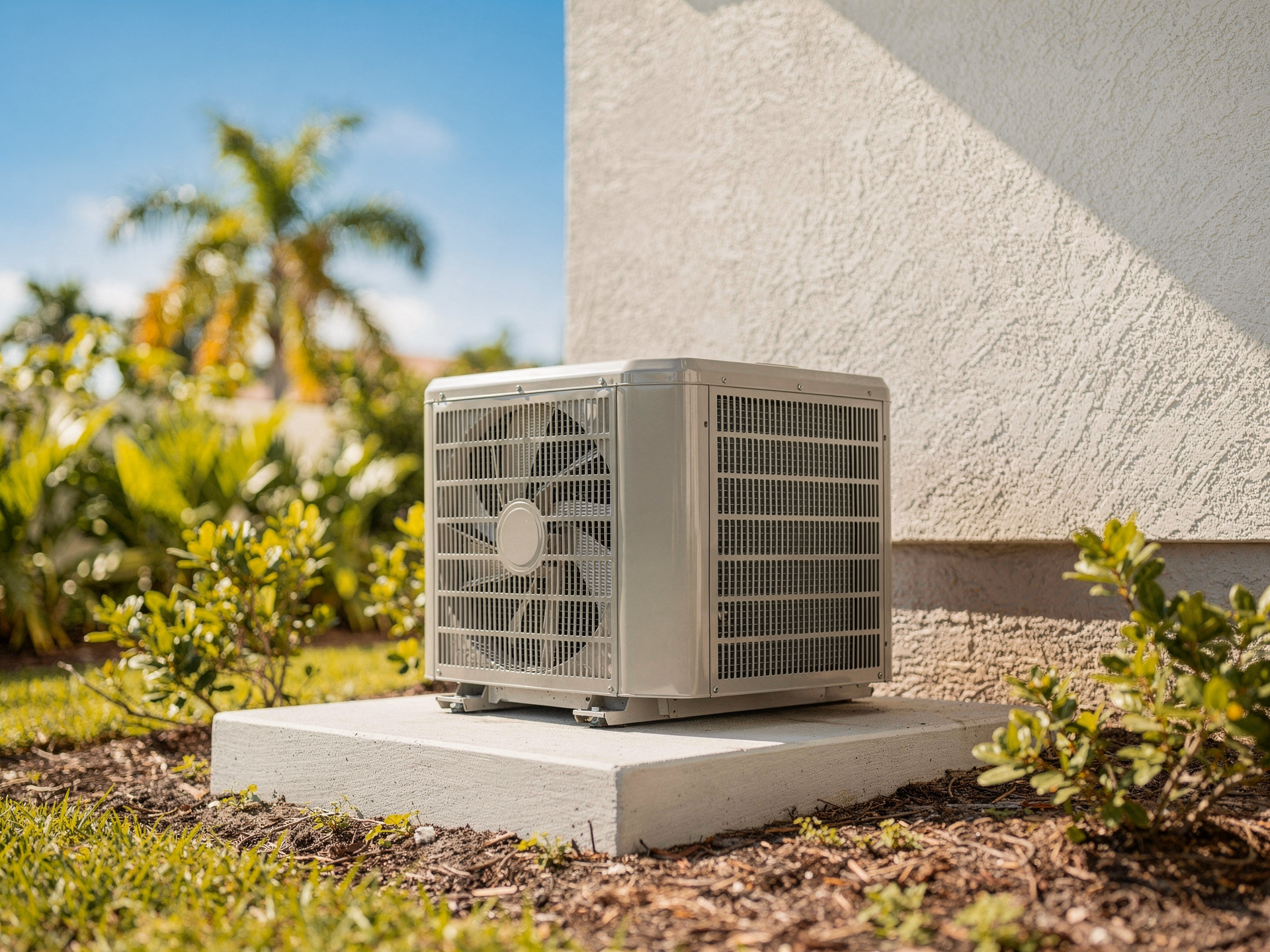 A new residential AC condenser unit installed cleanly beside a sunny Florida home