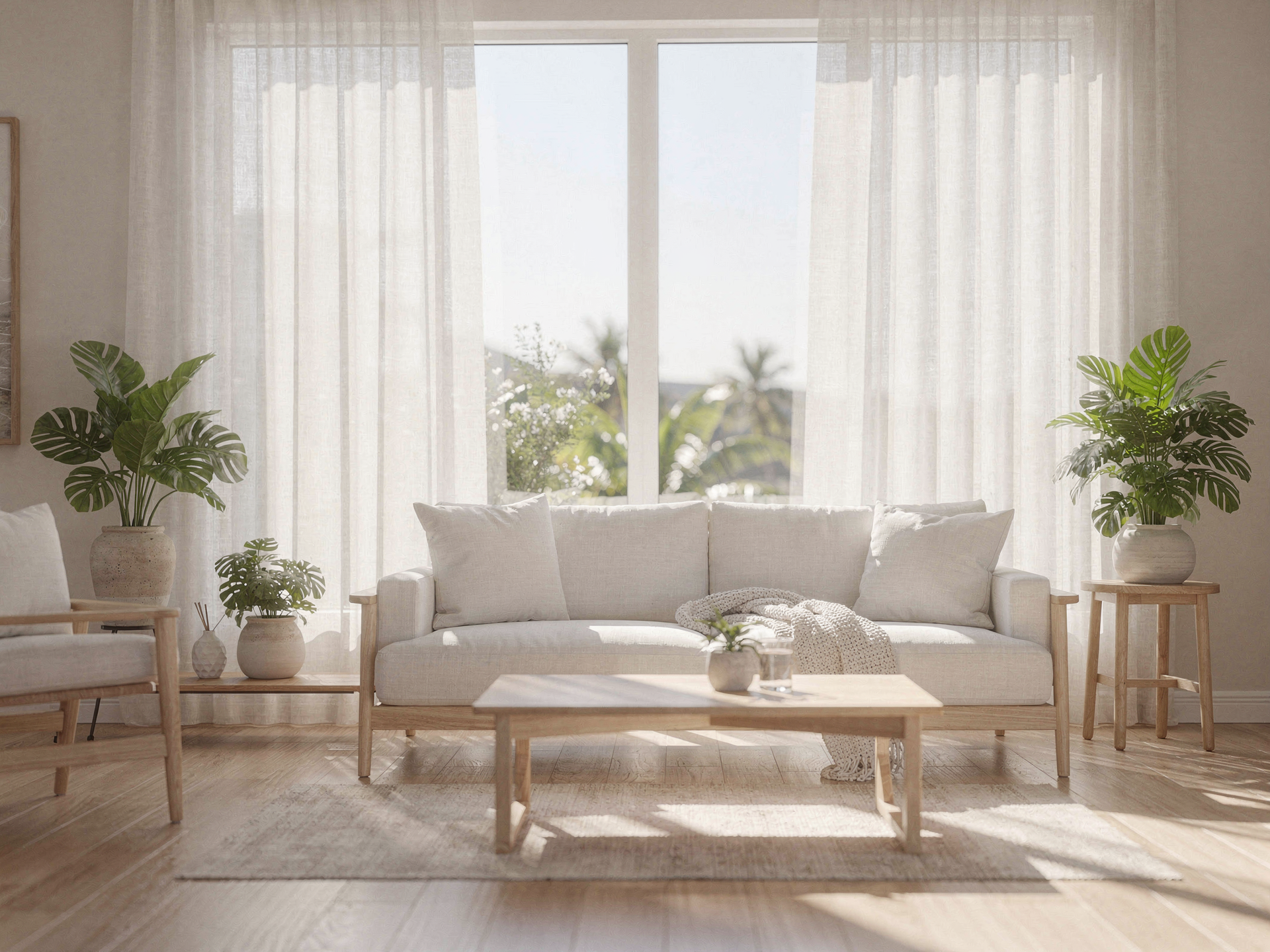 A bright, airy Florida living room filled with clean morning light and green plants