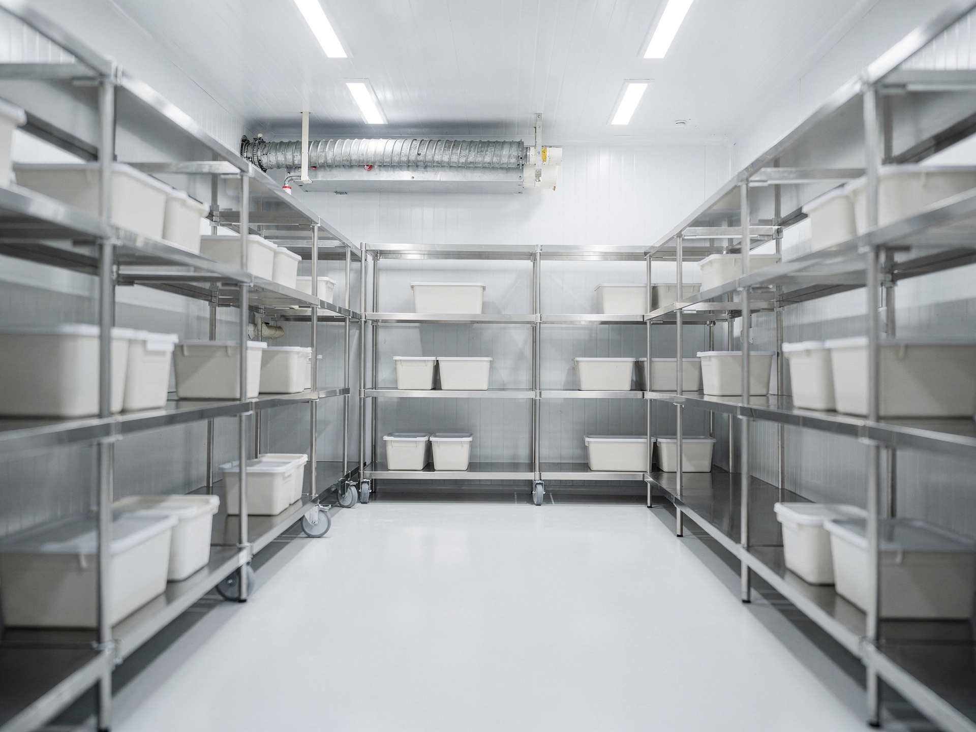 A spotless commercial walk-in refrigeration room with gleaming stainless steel shelving