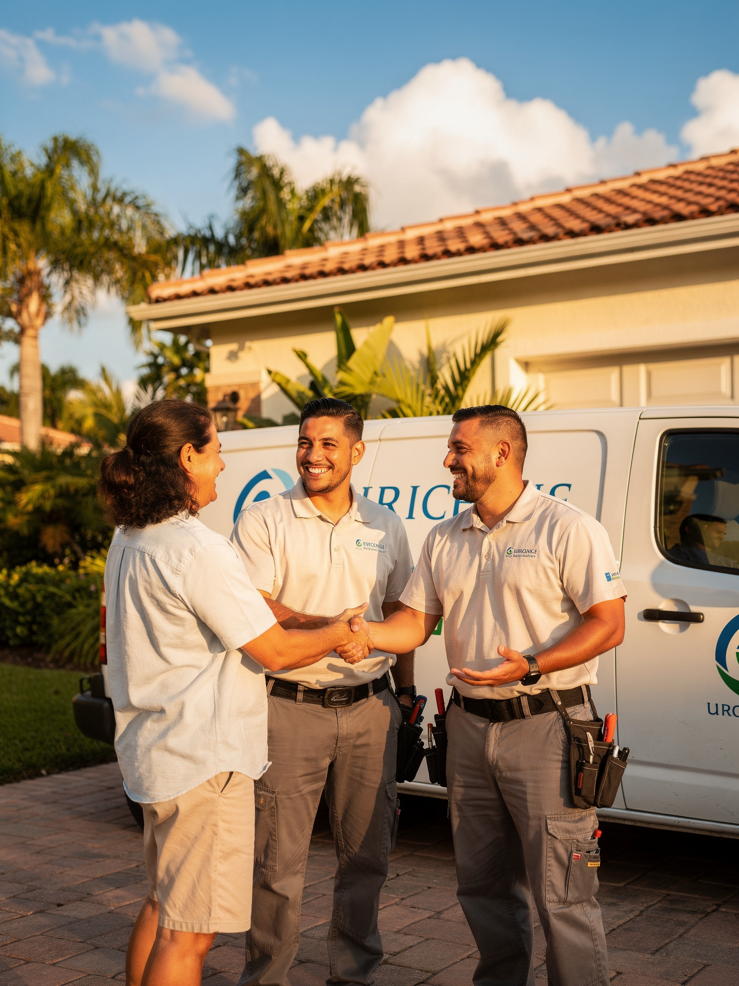 Eddie and Pablo of 4 Season's Techs greeting a homeowner beside their service van on a bright Florida day